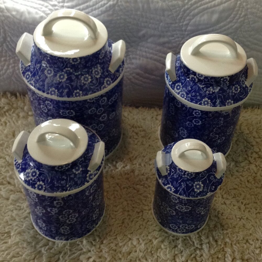 VTG Blue and White Canisters; Chintz Pattern, Glazed ceramic, Traditional, 4 Pc.